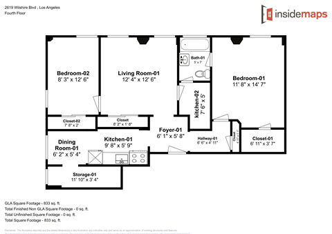 Floor plan for 2 beds, 1 bath, 900 sqft